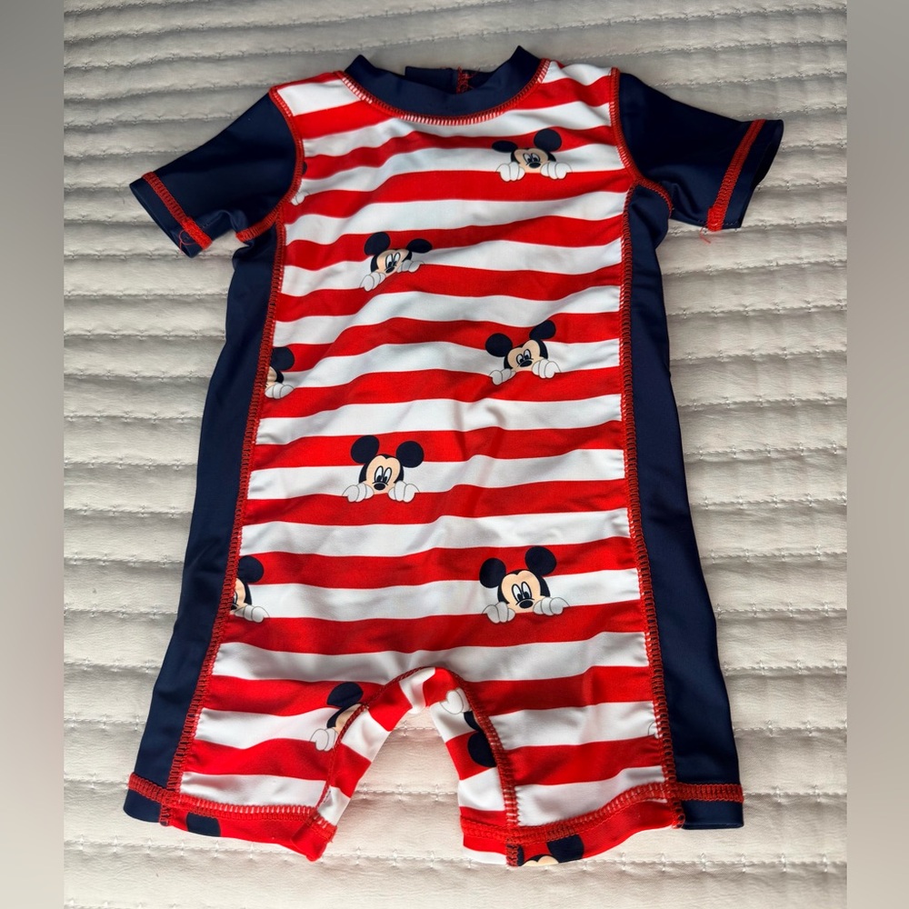Disney Baby Mickey Mouse 1pc Red/white Striped Rash Guard Swimsuit 3-6mo